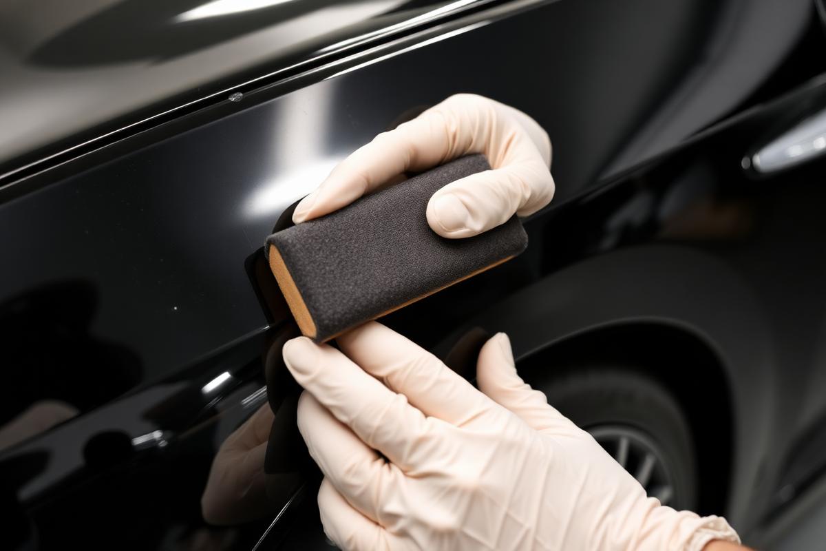 Gloved hands applying ceramic coating to a black car panel with a suede applicator
