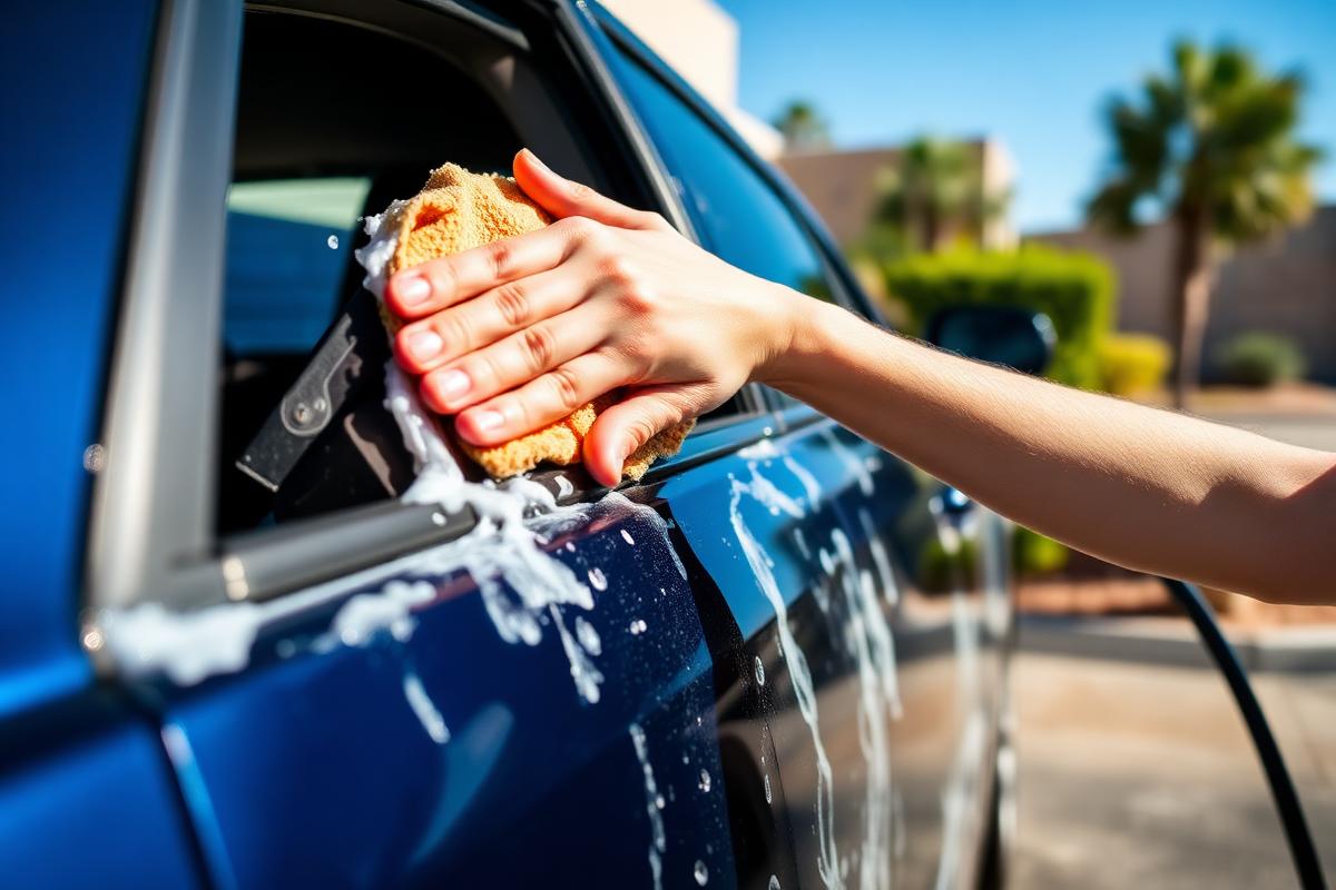Detailer hand washing the side of a dark blue sedan in an Arizona driveway
