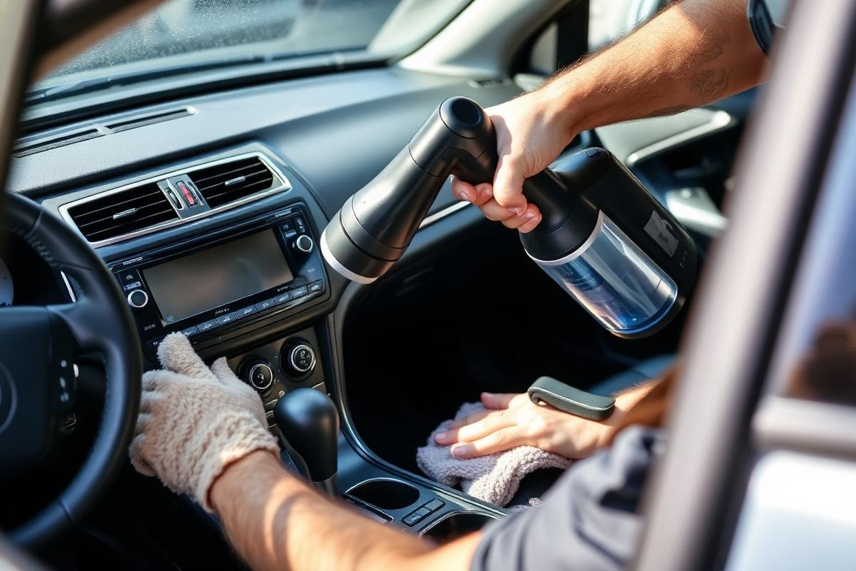 Detailer cleaning a car dashboard and centre console with a microfiber towel