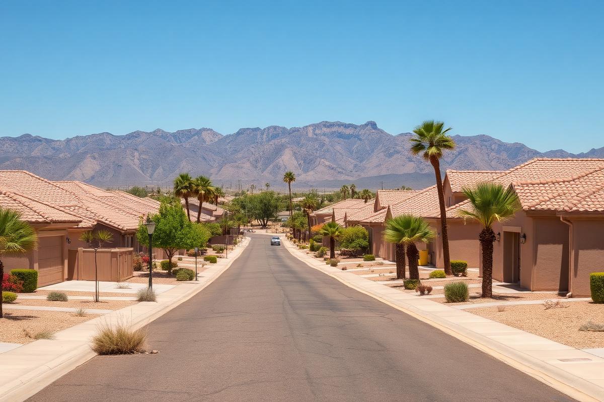 Residential street in Mesa, Arizona with tile-roof homes, desert landscaping and mountains in the distance