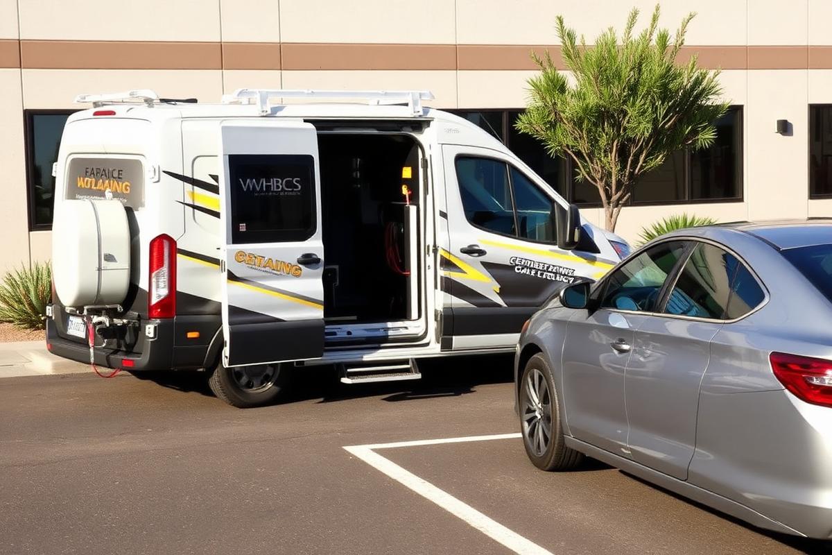 Car being detailed beside a building in a Mesa parking lot