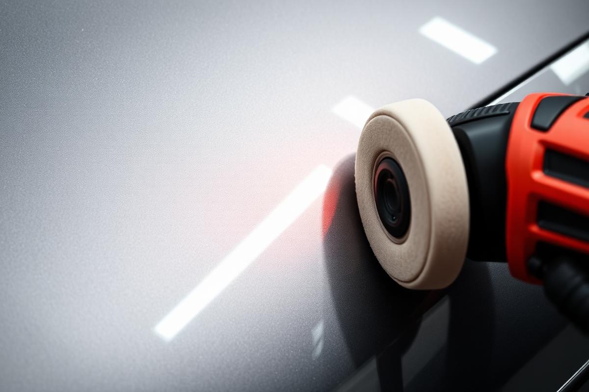 Dual action polisher working on grey car paint with swirl marks visible in the reflection