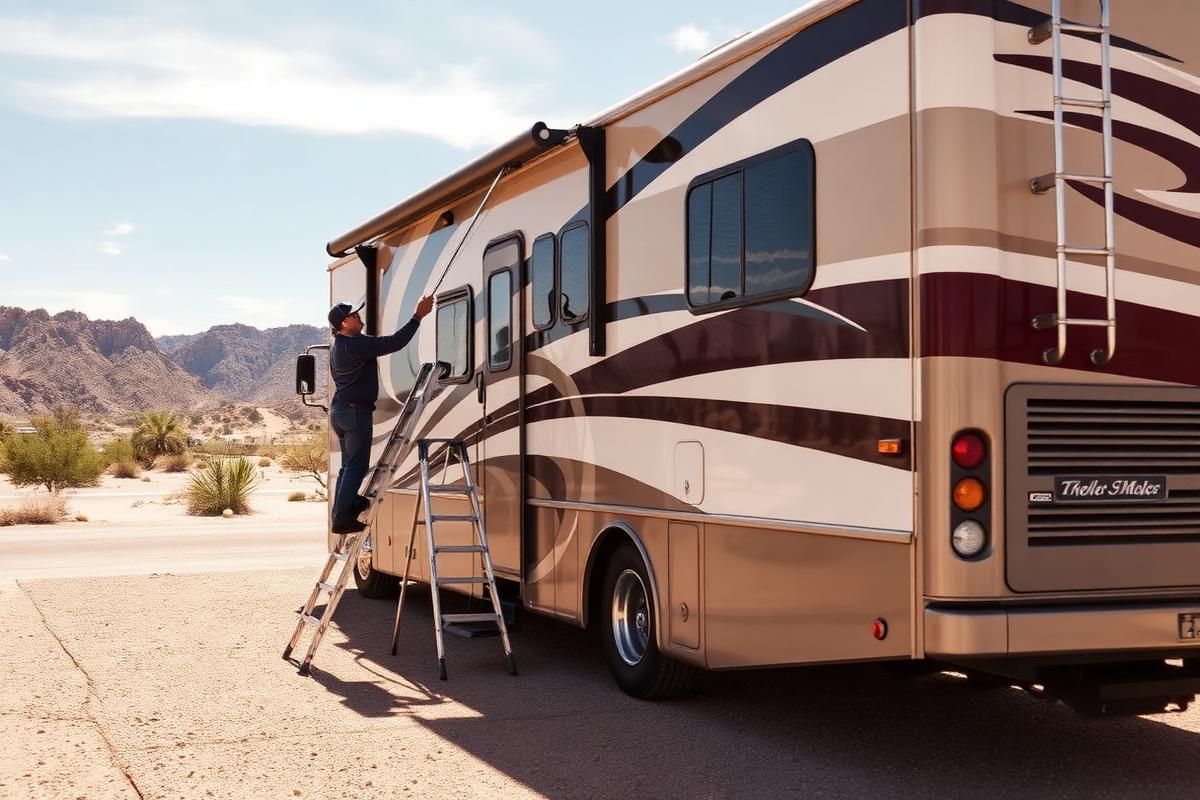Technician on a ladder washing the side of a Class A motorhome in the desert
