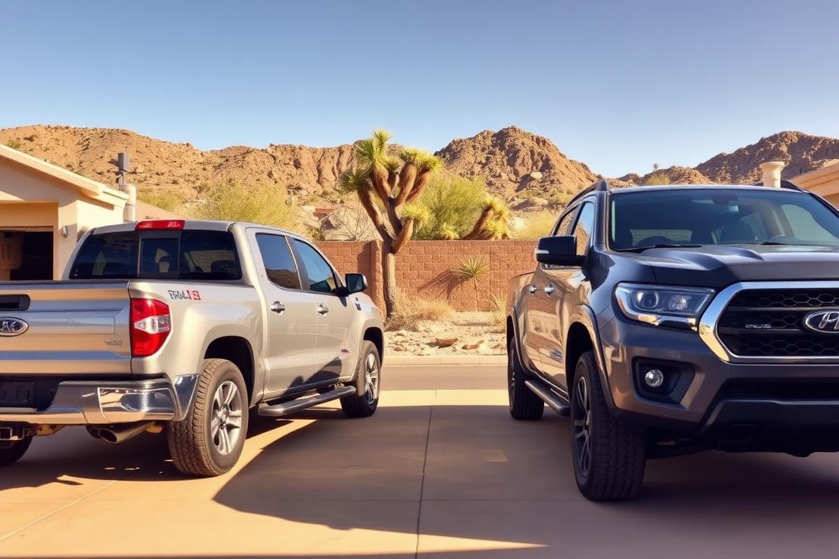Pickup truck and SUV parked in a desert driveway being detailed